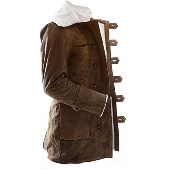 Bane White Fur Shearling Dark Knight Rises Winter Pea Trench Distressed Brown Leather Coat