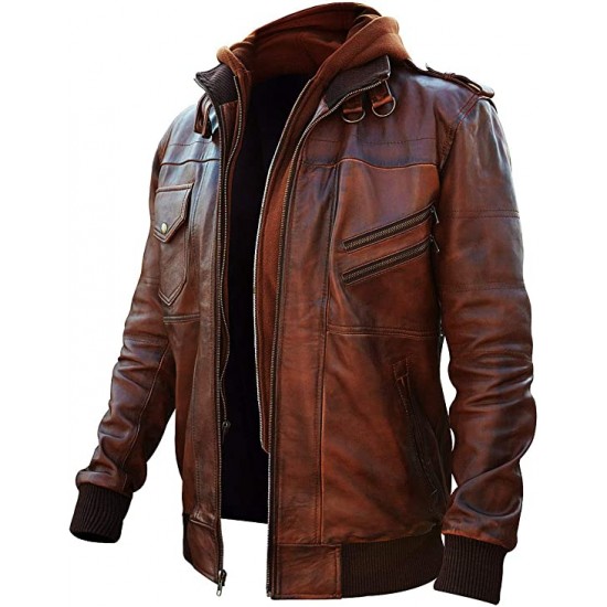 Cafe Racer Jacket Men Motorcycle Vintage Waxed Brown Removable Hoodie Biker Leather Jacket Cafe Racer Jacket Men Motorcycle Vintage Waxed Brown Removable Hoodie Biker Leather Jacket
