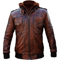 Cafe Racer Jacket Men Motorcycle Vintage Waxed Brown Removable Hoodie Biker Leather Jacket