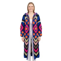 Crochet Granny Square Cardigan | Handmade Wool-Blend Long Winter Sweater Coat for Women 