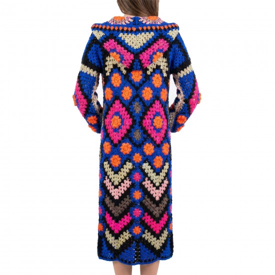 Crochet Granny Square Cardigan | Handmade Wool-Blend Long Winter Sweater Coat for Women 