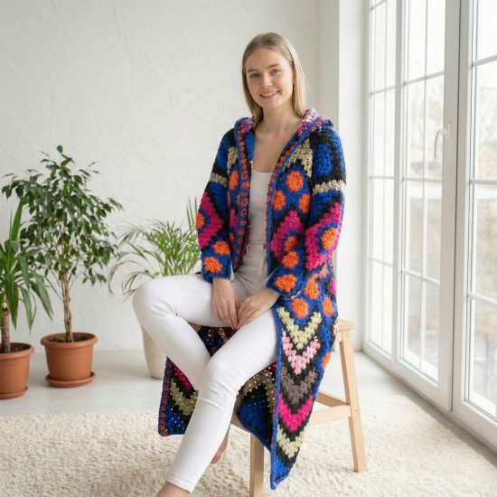 Crochet Granny Square Cardigan | Handmade Wool-Blend Long Winter Sweater Coat for Women 