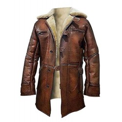 Distressed Brown Tom Hardy Leather Fur Shearling Dark Knight Rises Bane Jacket Coat