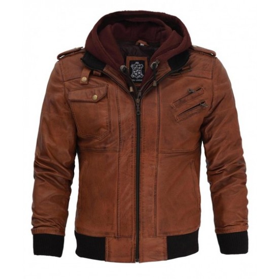 Edinburgh Mens Brown Leather Bomber Jacket With Hood Edinburgh Mens Brown Leather Bomber Jacket With Hood