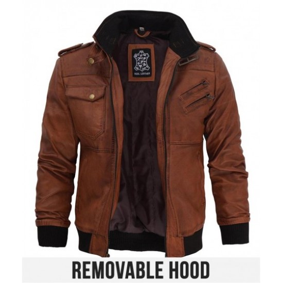 Edinburgh Mens Brown Leather Bomber Jacket With Hood Edinburgh Mens Brown Leather Bomber Jacket With Hood