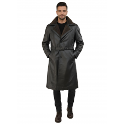 MEN’S BLACK SHEARLING LEATHER TRENCH COAT