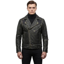 Men’s Asymmetrical Zipper Brando-Style Distressed Black Leather Jacket