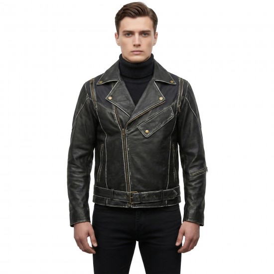 Men’s Asymmetrical Zipper Brando-Style Distressed Black Leather Jacket