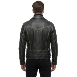 Men’s Asymmetrical Zipper Brando-Style Distressed Black Leather Jacket Men’s Asymmetrical Zipper Brando-Style Distressed Black Leather Jacket