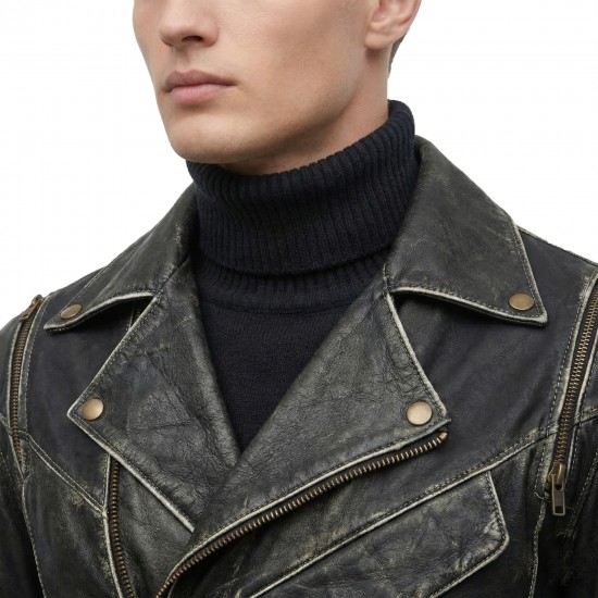 Men’s Asymmetrical Zipper Brando-Style Distressed Black Leather Jacket