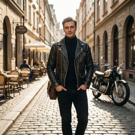 Men’s Asymmetrical Zipper Brando-Style Distressed Black Leather Jacket