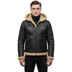 Men’s B3 Aviator Bomber Ivory Shearling Leather Jacket with Hood