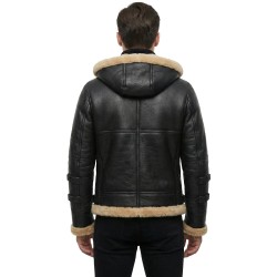Men’s B3 Aviator Bomber Ivory Shearling Leather Jacket with Hood