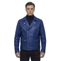 Men’s Blue Biker-Style Leather Fashion Jacket