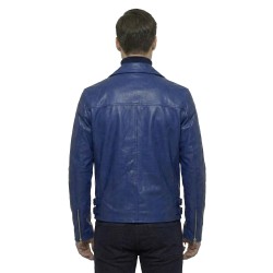 Men’s Blue Biker-Style Leather Fashion Jacket