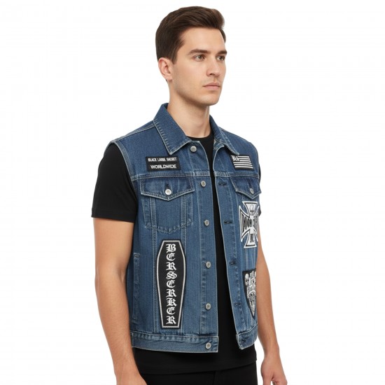 Men’s Blue Denim Biker Vest with Patch-Style Design