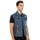 Men’s Blue Denim Biker Vest with Patch-Style Design