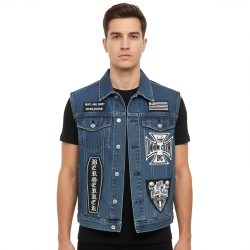 Men’s Blue Denim Biker Vest with Patch-Style Design