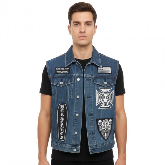 Men’s Blue Denim Biker Vest with Patch-Style Design