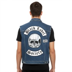 Men’s Blue Denim Biker Vest with Patch-Style Design