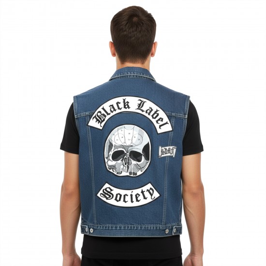 Men’s Blue Denim Biker Vest with Patch-Style Design