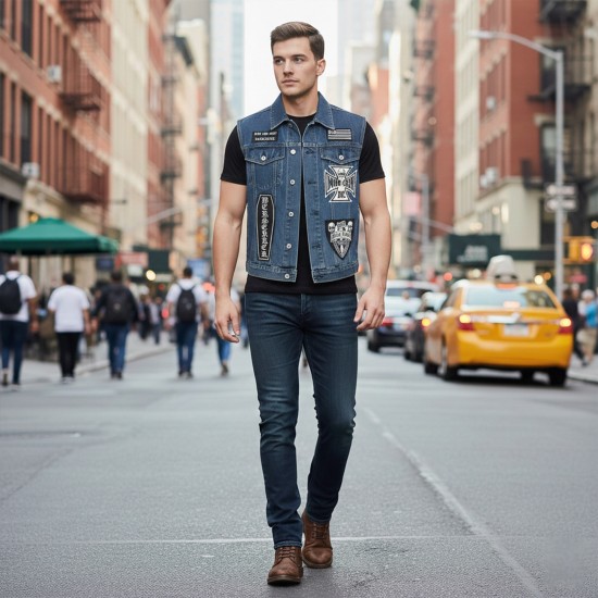 Men’s Blue Denim Biker Vest with Patch-Style Design