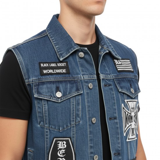Men’s Blue Denim Biker Vest with Patch-Style Design