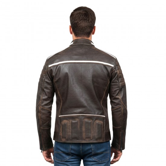 Men’s Café Racer Vintage Striped Distressed Brown Leather Jacket