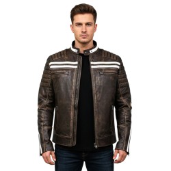 Men’s Café Racer Vintage Striped Distressed Brown Leather Jacket