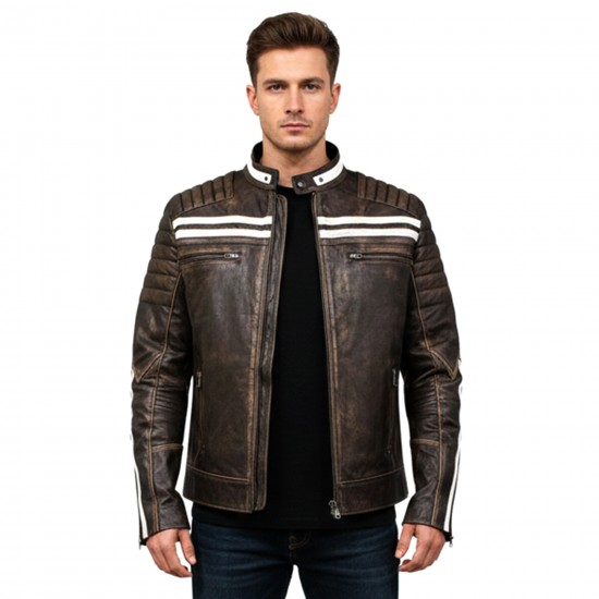 Men’s Café Racer Vintage Striped Distressed Brown Leather Jacket