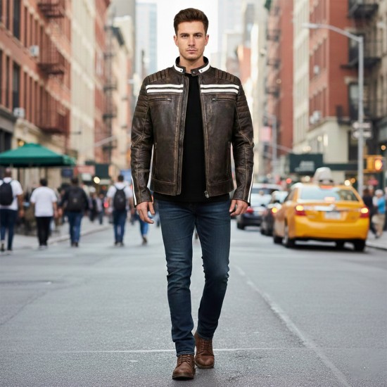 Men’s Café Racer Vintage Striped Distressed Brown Leather Jacket