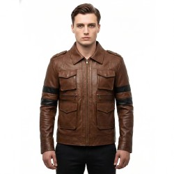Men’s Chocolate Brown Four-Pocket Leather Jacket with Stripe Detailing