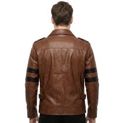 Men’s Chocolate Brown Four-Pocket Leather Jacket with Stripe Detailing Men’s Chocolate Brown Four-Pocket Leather Jacket with Stripe Detailing