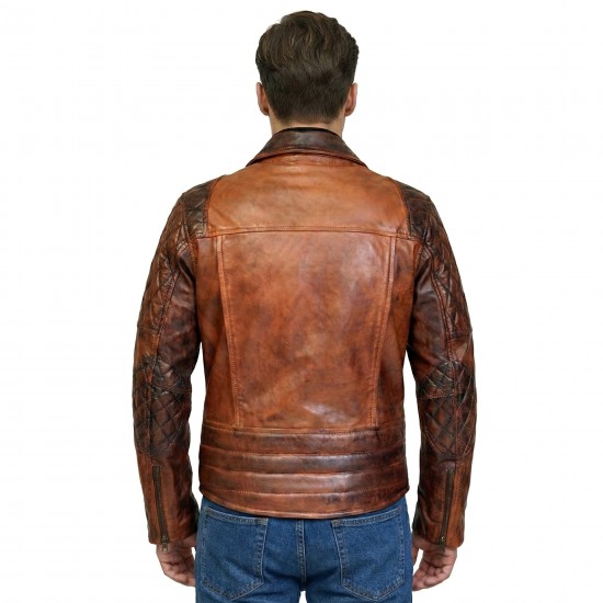 Men’s Classic Brando-Style Vintage Distressed Brown Leather Biker Jacket