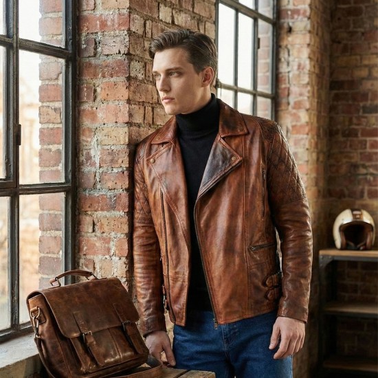 Men’s Classic Brando-Style Vintage Distressed Brown Leather Biker Jacket