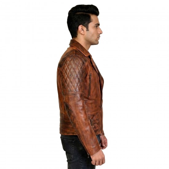 Men’s Classic Brando-Style Vintage Distressed Brown Leather Biker Jacket
