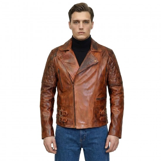 Men’s Classic Brando-Style Vintage Distressed Brown Leather Biker Jacket