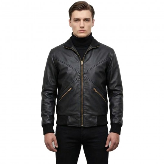 Men’s Cross-Front Slim Fit Bomber Leather Jacket Men’s Cross-Front Slim Fit Bomber Leather Jacket