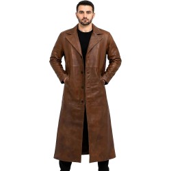 Men’s Distressed Brown Leather Trench Coat – WWII Military Officer Inspired Vintage Overcoat