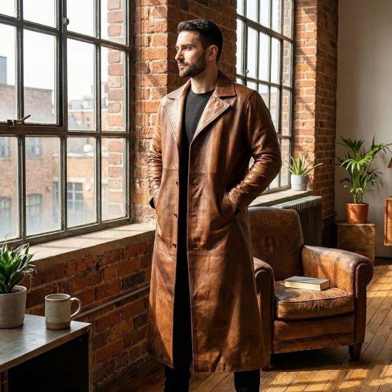 Men’s Distressed Brown Leather Trench Coat – WWII Military Officer Inspired Vintage Overcoat Men’s Distressed Brown Leather Trench Coat – WWII Military Officer Inspired Vintage Overcoat