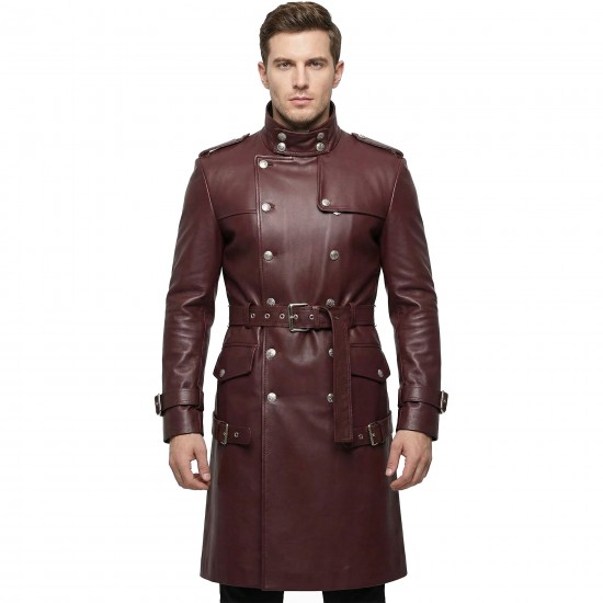 Men’s Maroon Leather Trench Coat –Inspired by Anime Military Commanders | Long Gothic Leather Cosplay Overcoat