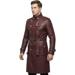 Men’s Maroon Leather Trench Coat –Inspired by Anime Military Commanders | Long Gothic Leather Cosplay Overcoat