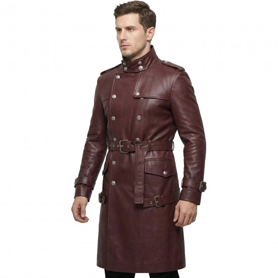 Men’s Maroon Leather Trench Coat –Inspired by Anime Military Commanders | Long Gothic Leather Cosplay Overcoat