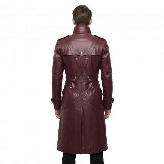 Men’s Maroon Leather Trench Coat –Inspired by Anime Military Commanders | Long Gothic Leather Cosplay Overcoat