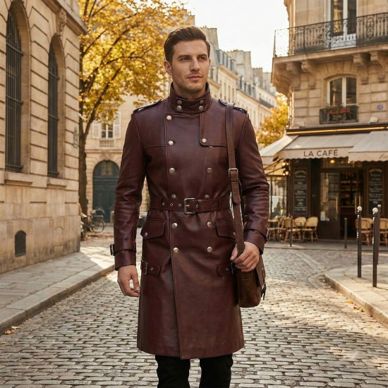Men’s Maroon Leather Trench Coat –Inspired by Anime Military Commanders | Long Gothic Leather Cosplay Overcoat