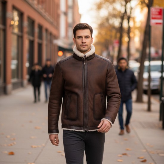 Men’s Shearling Leather Jacket | Genuine Lambskin Winter Bomber with High Collar & Zip Front Men’s Shearling Leather Jacket | Genuine Lambskin Winter Bomber with High Collar & Zip Front