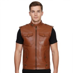 Men’s Tan Leather Biker Fashion Vest – Tabb