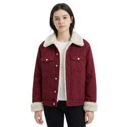 Red Denim Jacket with Faux Fur Collar | Winter Fleece Trucker Jacket for Women