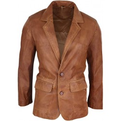 Regular Fit Classic Real Leather 2 Button Tan Genuine Leather Blazer Jacket,