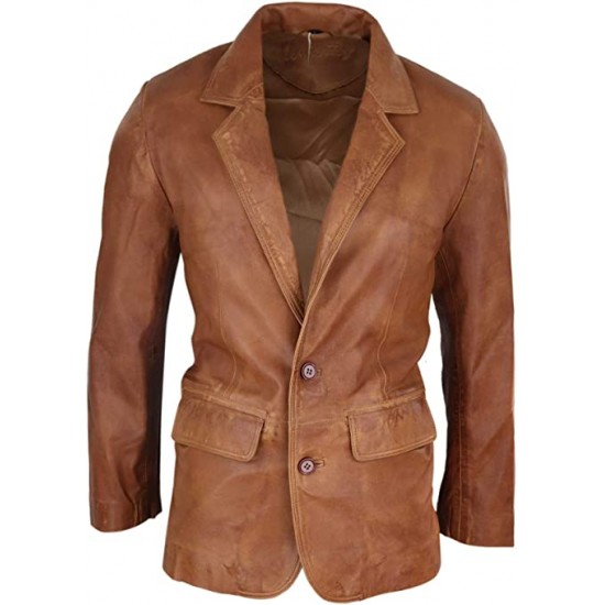 Regular Fit Classic Real Leather 2 Button Tan Genuine Leather Blazer Jacket,